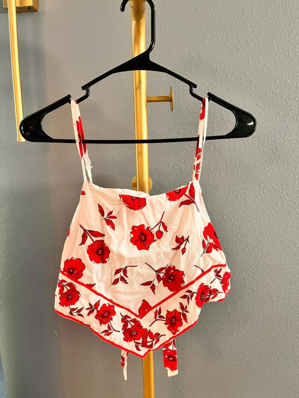 Japna Red Floral Handkerchief Hem Cami Top Tie Back Smocked Bandana Tank Small